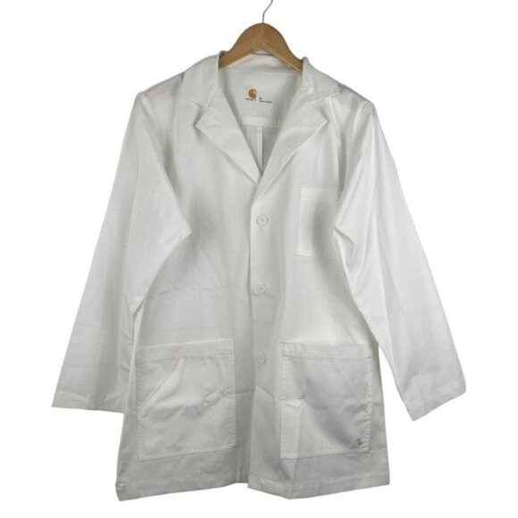 Carharrt Unisex White Logo Scrub Lab Coat Pockets Sanitized Actifresh US S - Picture 1 of 10